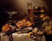 彼得 克莱兹 : Banquet Still Life With A Crab On A Silver Platter, A Bunch Of Grapes, A Bowl Of Olives, And A Peeled Lemon All Resting On A Draped Table